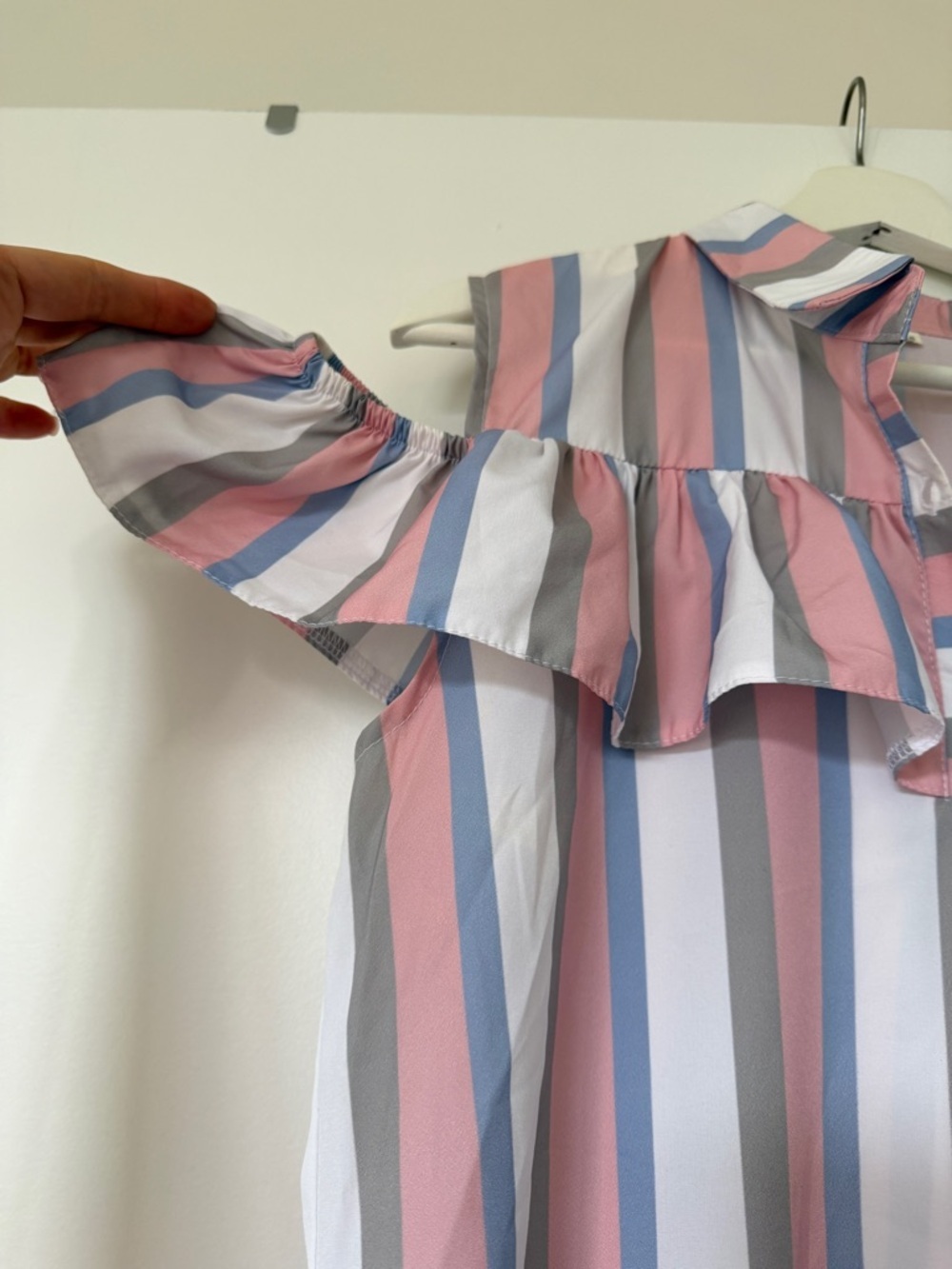 Striped Cold-Shoulder Midi Dress in Pink, Blue, Gray & White - Picture 6 of 7